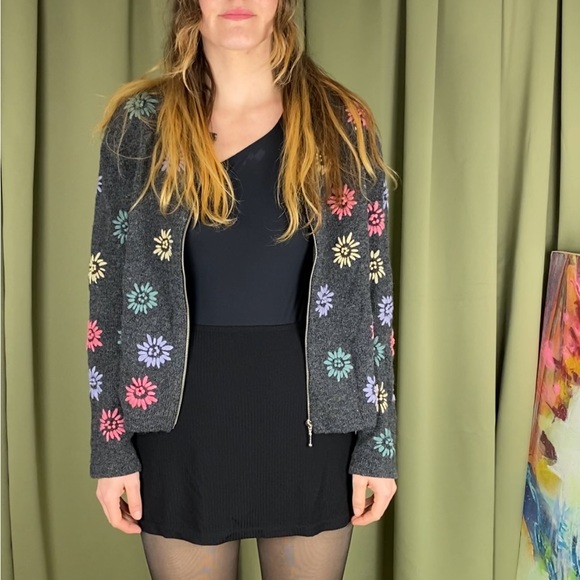Floral Embroidered Vintage ZipUp Wool Sweater - Picture 1 of 7